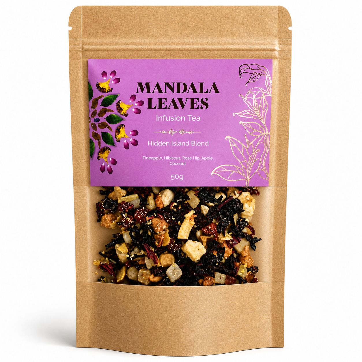 Mandala Leaves tea package with a purple label on a white background