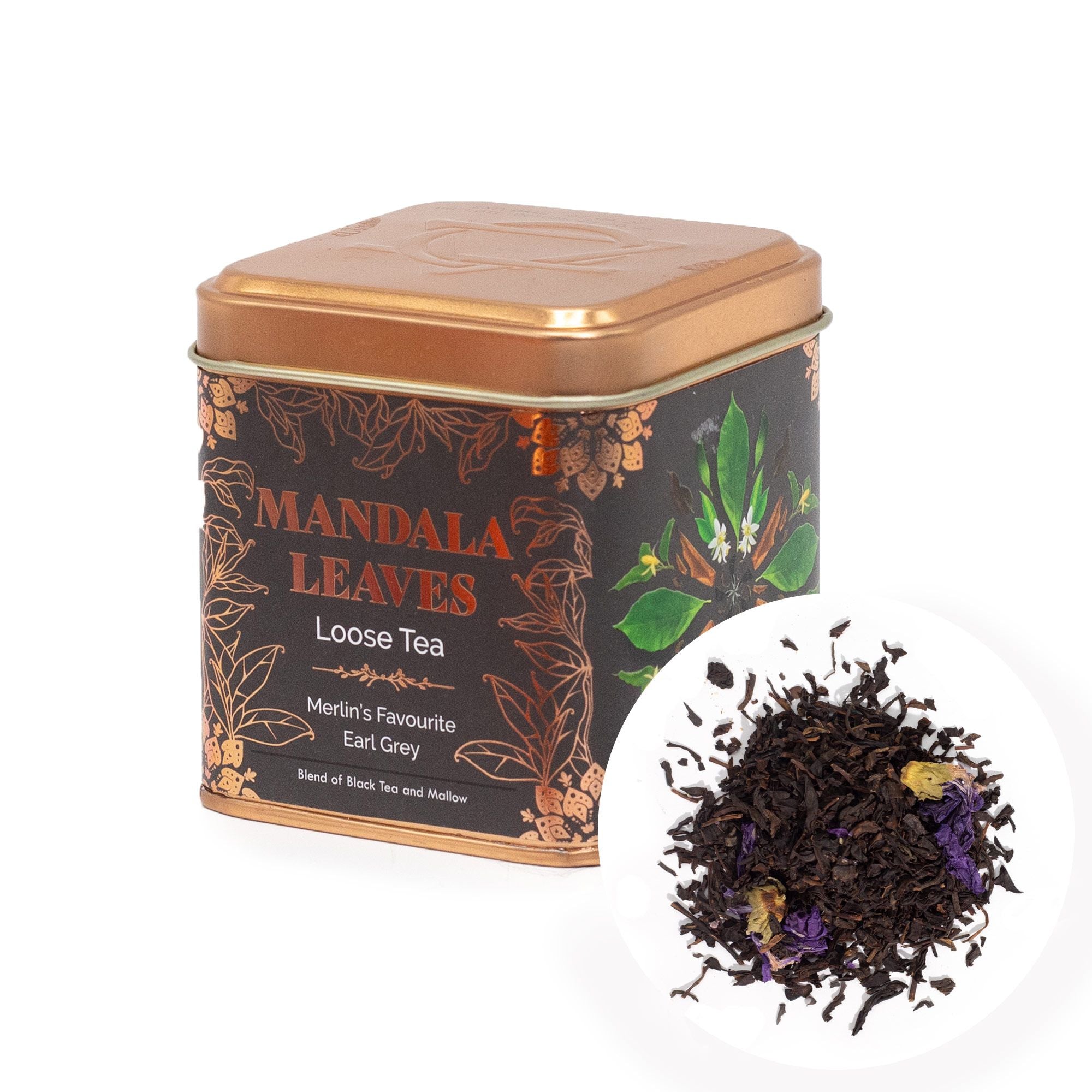 Tea canister labeled 'Mandala Leaves Loose Tea' with a small inset showing tea leaves.