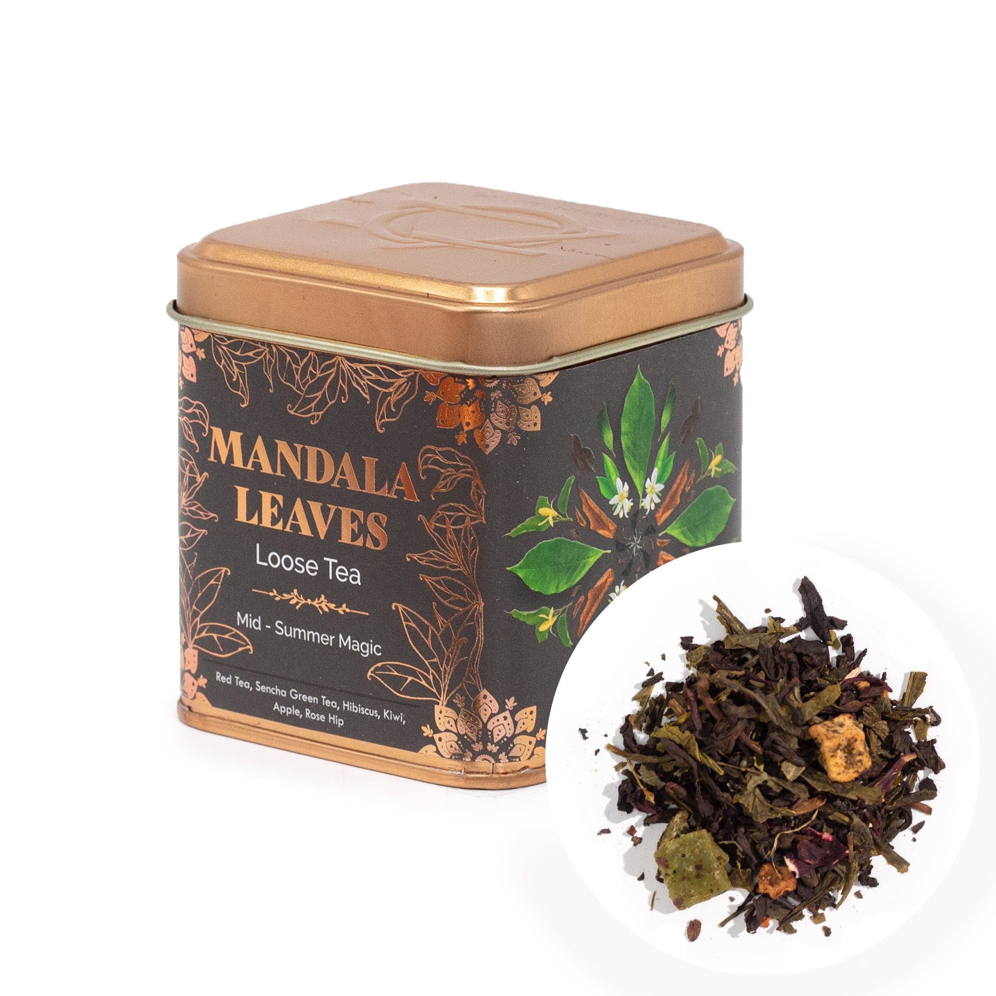 Tea canister labeled 'Mandala Leaves' with loose tea leaves displayed on a white background