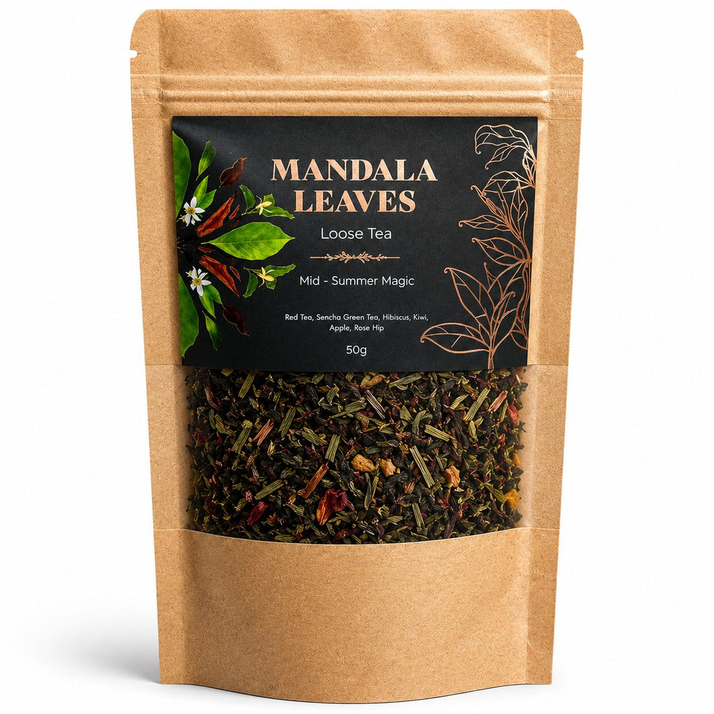 Mandala Leaves loose tea package with a clear window showing the tea leaves inside.