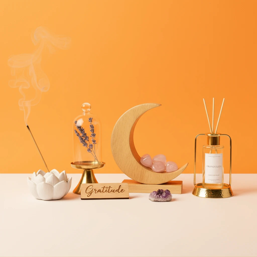 Decorative items including a wooden moon, incense, and diffuser on an orange background
