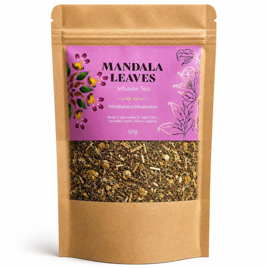 Mandala Leaves infusion tea package with a pink label on a white background