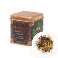 Tea canister labeled 'Mandala Leaves Loose Tea' with a close-up of tea leaves inside.