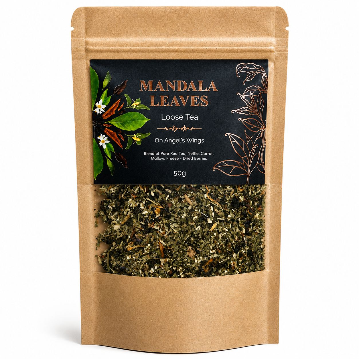 Mandala Leaves loose tea package on a white background