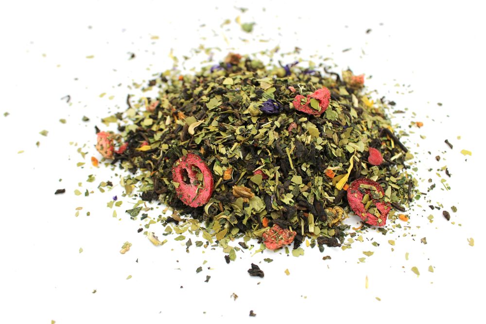Spice mix with dried herbs and red peppers on a white background