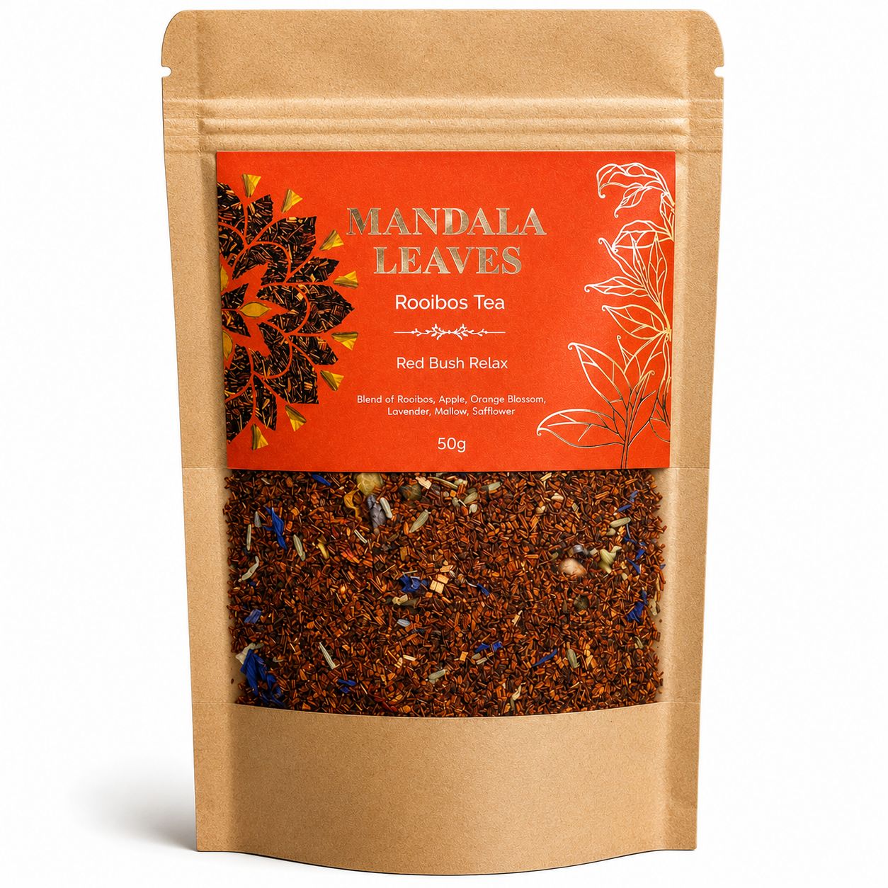 Mandala Leaves Rooibos Tea package on a white background