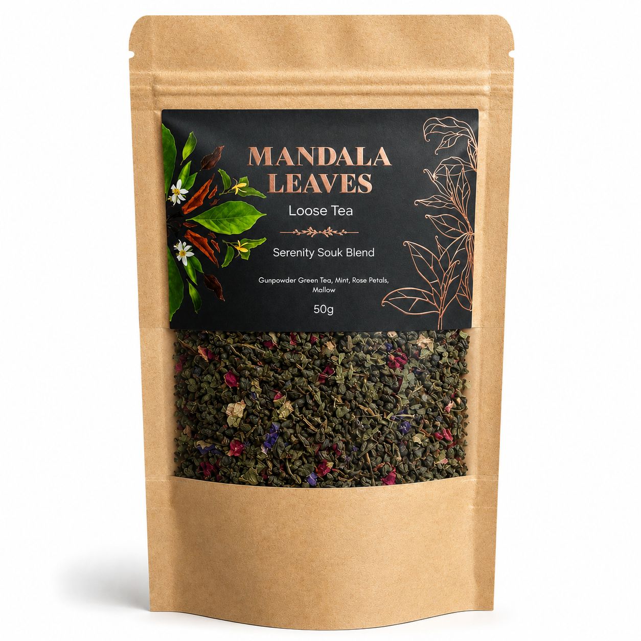 Mandala Leaves loose tea package with a clear window showing the tea leaves inside.
