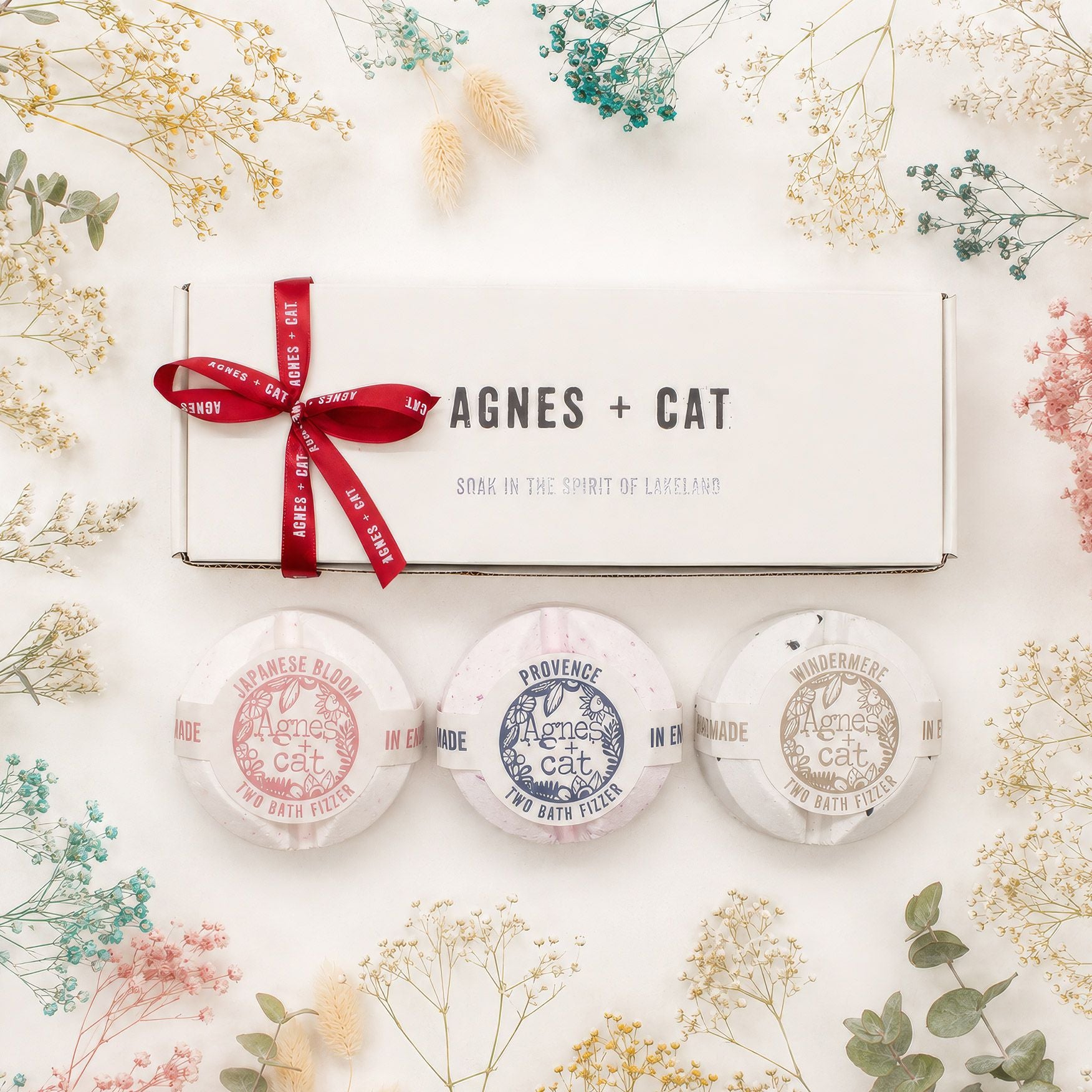 Three round bath fizzers with 'Agnes + Cat' branding on a white background with decorative flowers.