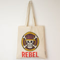Tote bag with skull design and 'REBEL' text on a white background