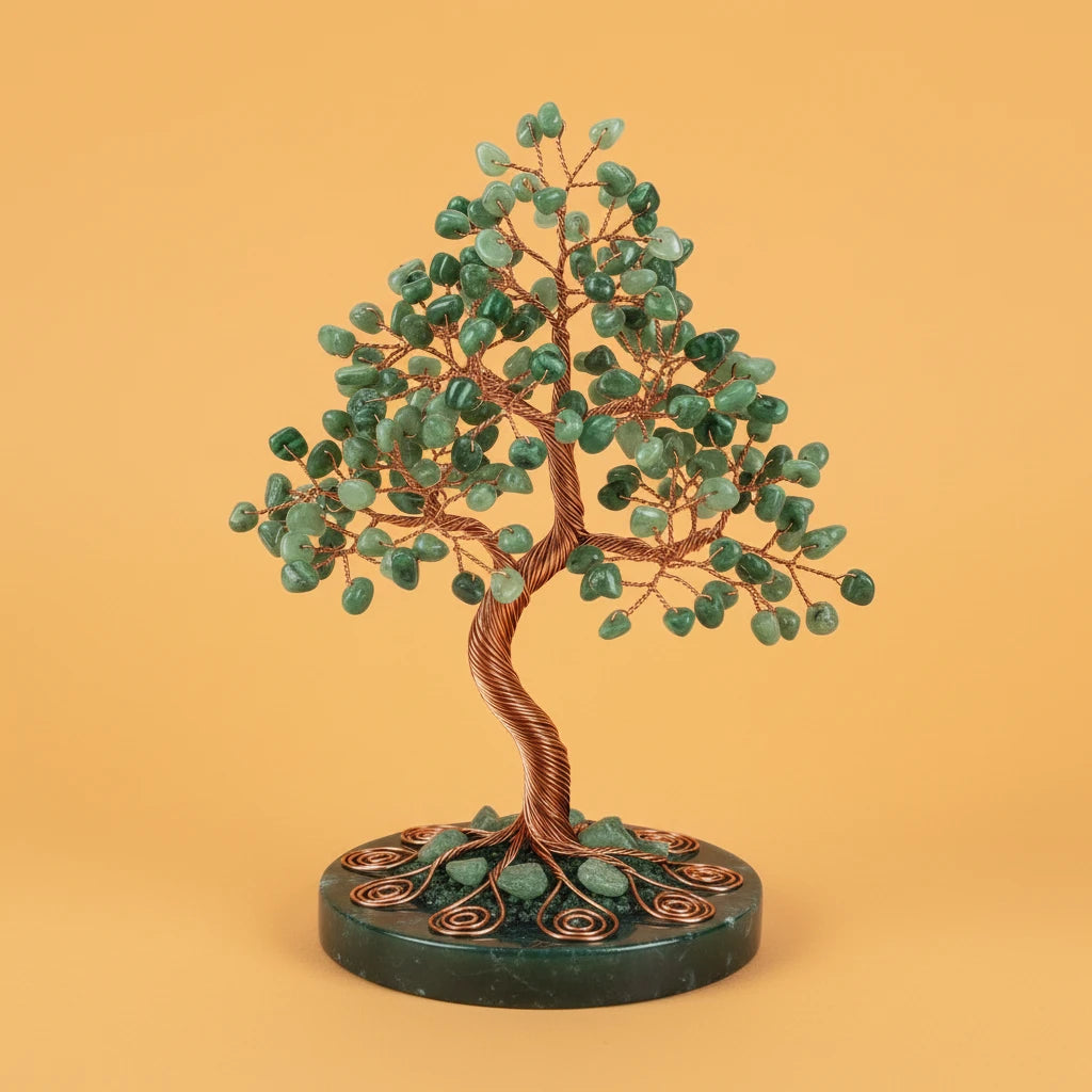 Decorative tree sculpture with green stones on a yellow background