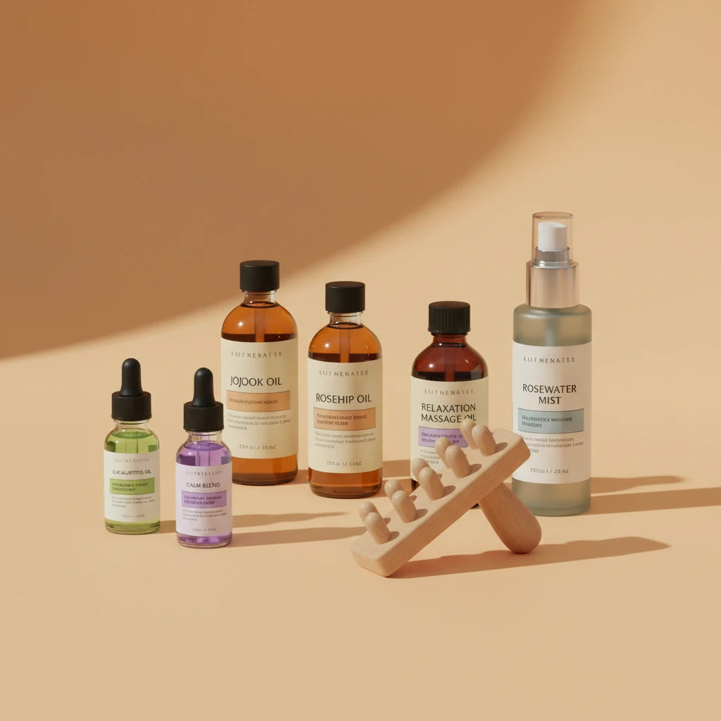 Collection of skincare and wellness products on a beige background