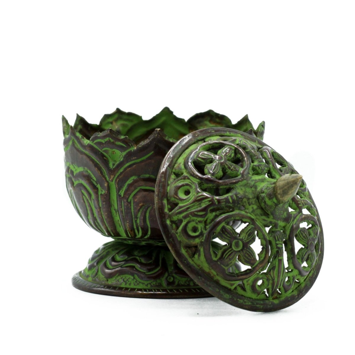 Brass Verdigris Tibetan Incense Burner - Small LotusAntique Tibetan Incense HoldersHeart Notes