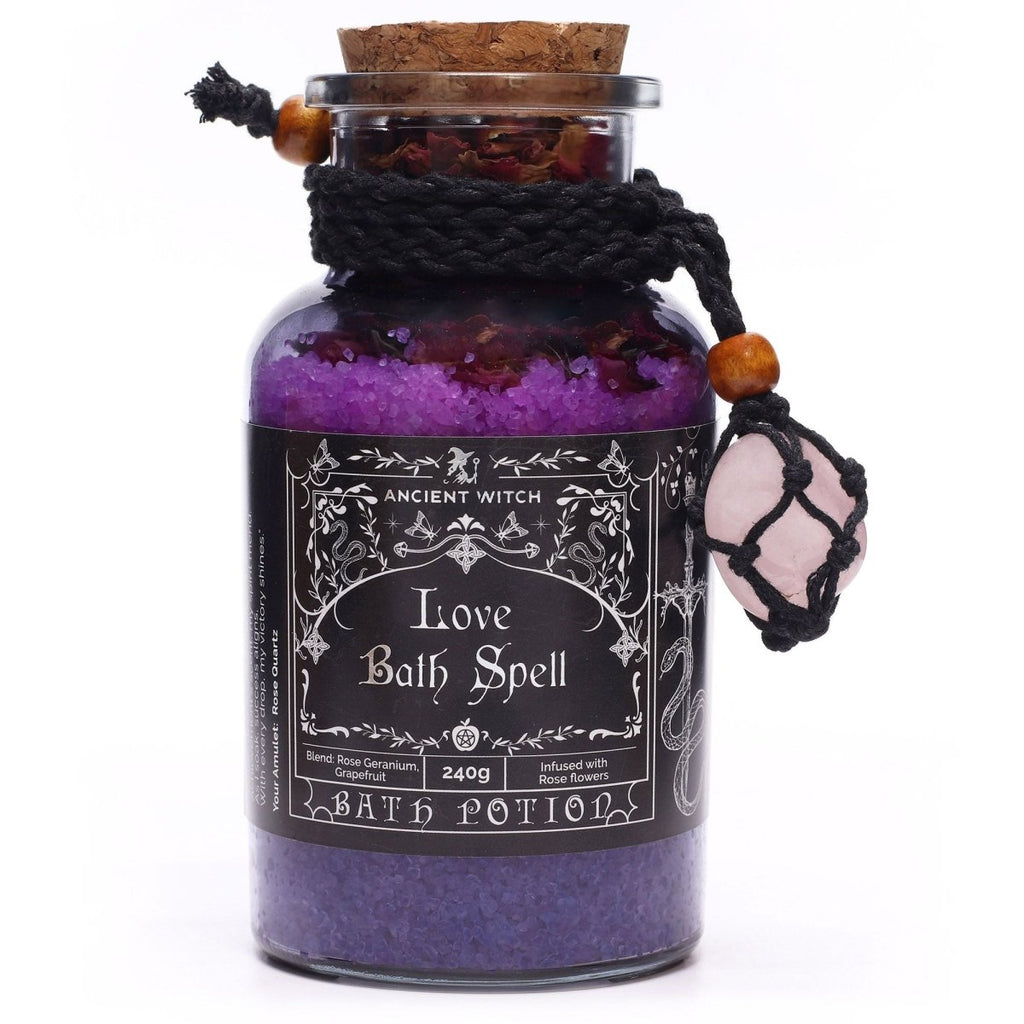 Ancient Witch Bath Spell Potion & Rose Quartz Crystal Amulet - LoveAncient Witch Bath Spell PotionsHeart Notes