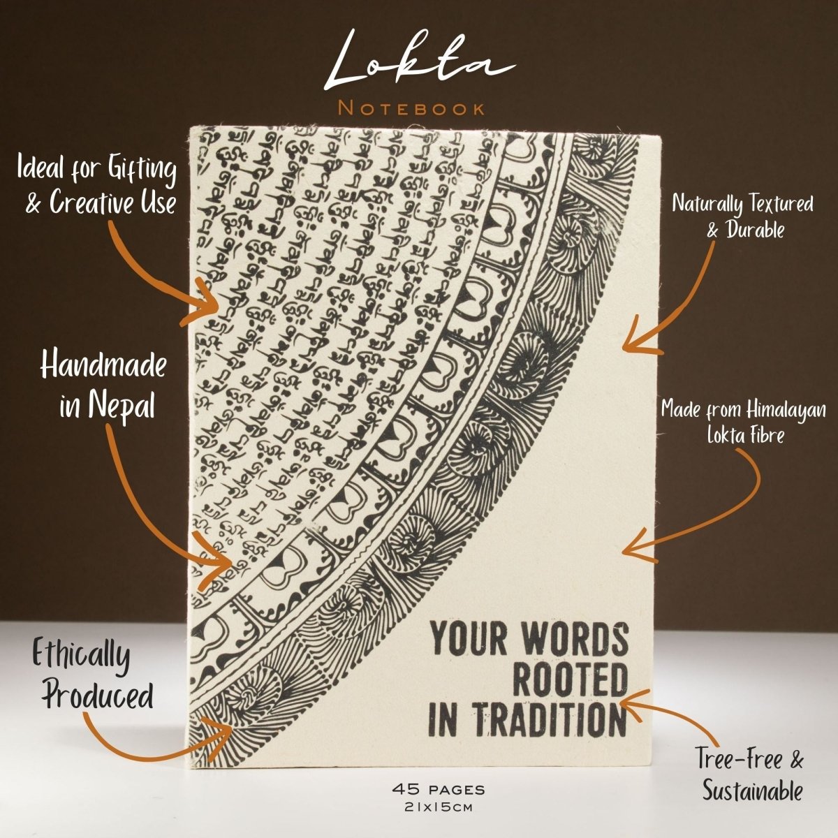 Lokta Inspiration Notebook – Your Words – Large (21x15cm) – 45 Leaves – Includes BookmarkLokta Paper NotebooksHeart Notes