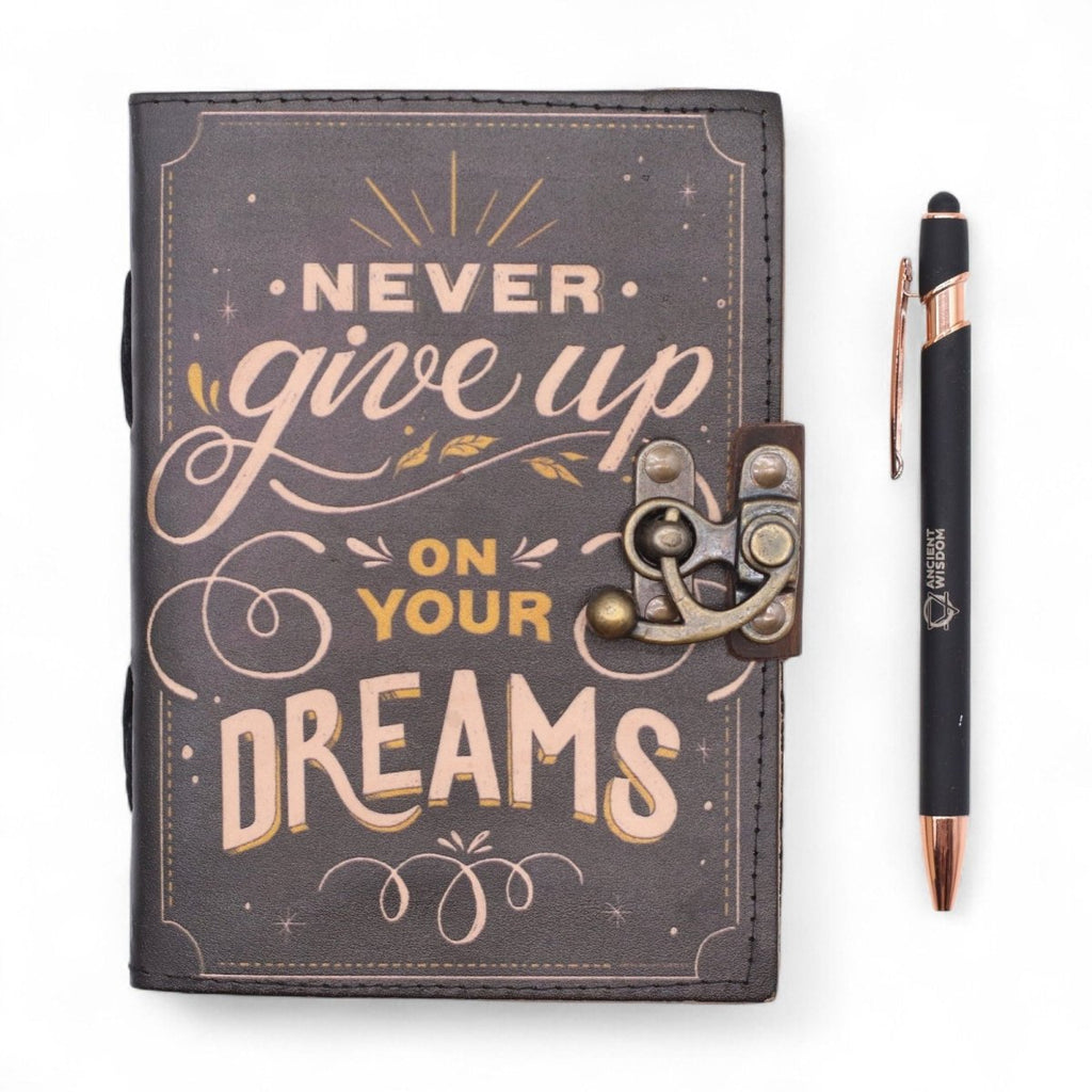 Leather Printed Notebook – Never Give Up On Your Dreams - 17.8×12.7 cmLeather Notebooks – Vintage Style JournalsHeart Notes