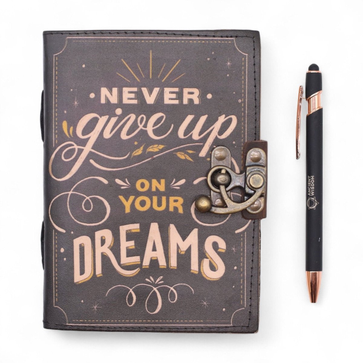 Leather Printed Notebook – Never Give Up On Your Dreams - 17.8×12.7 cmLeather Notebooks – Vintage Style JournalsHeart Notes