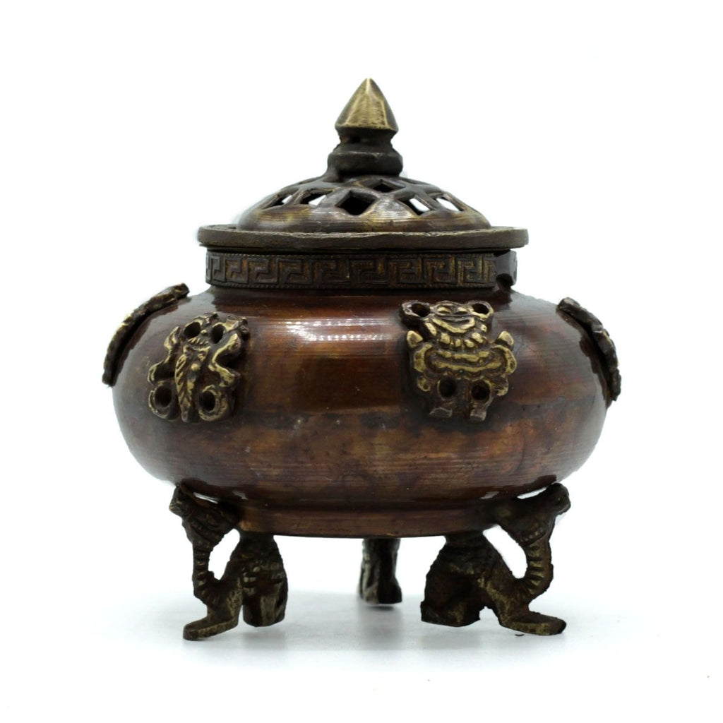 Brass Tibetan Incense Burner - Six Symbols Standing PotAntique Tibetan Incense HoldersHeart Notes