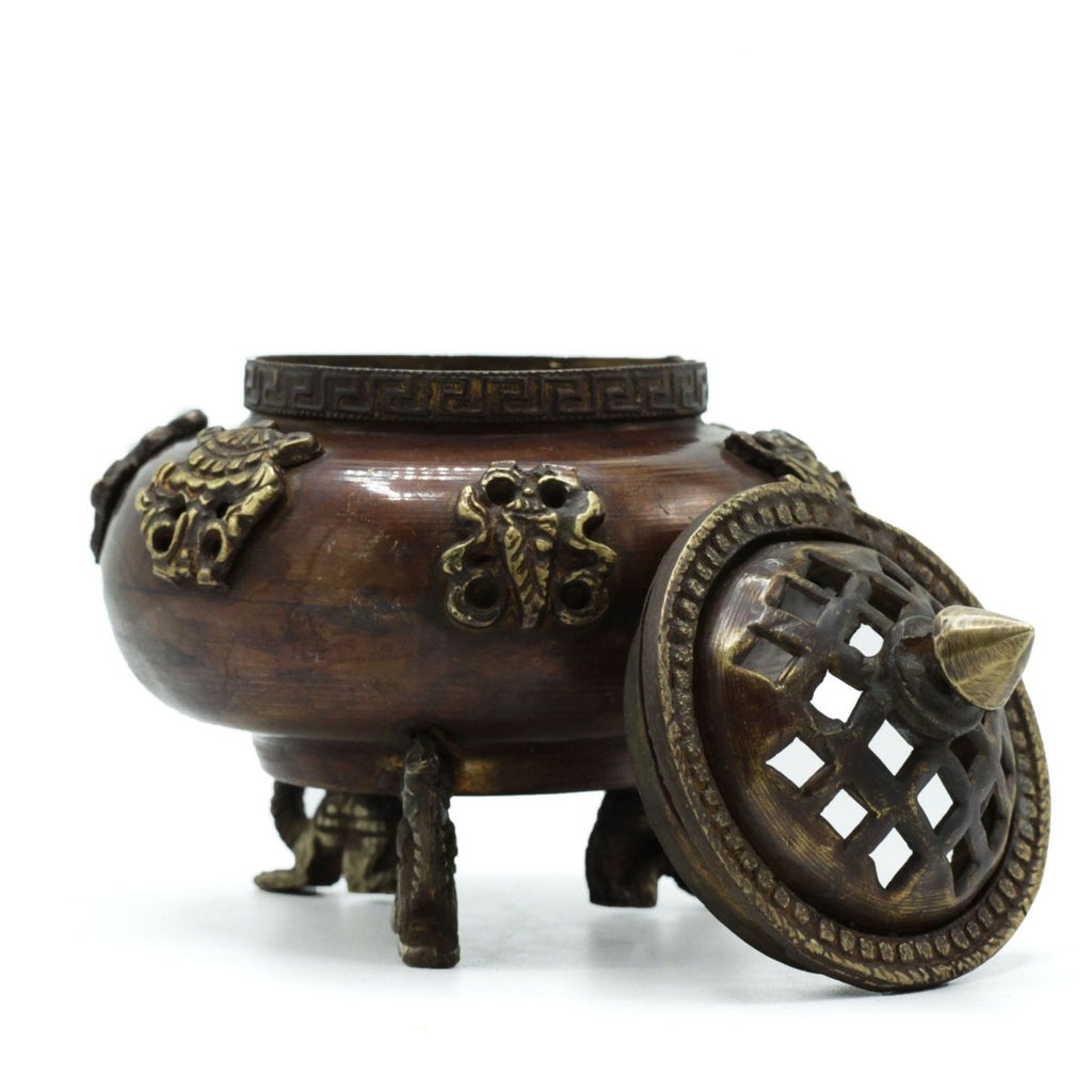 Brass Tibetan Incense Burner - Six Symbols Standing PotAntique Tibetan Incense HoldersHeart Notes