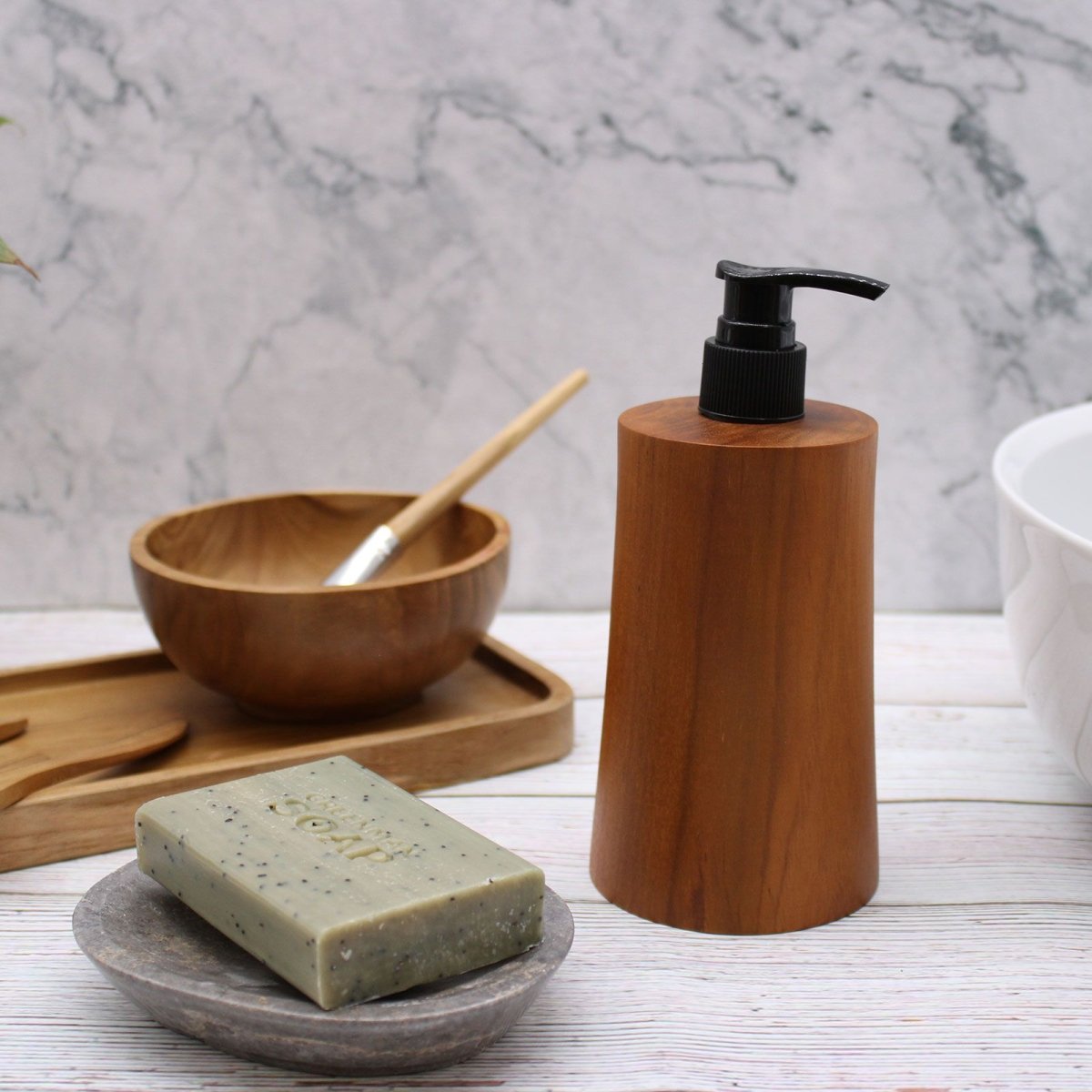 Natural Teakwood Soap Dispenser - TaperTeakwood Soap DispensersHeart Notes