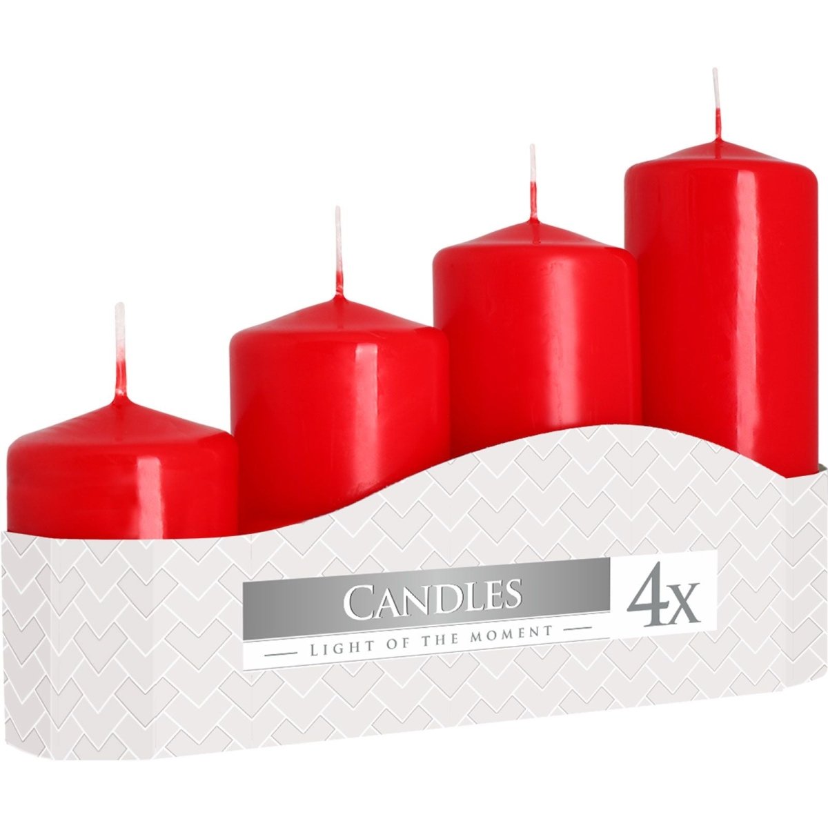Set of 4 Pillar Candles 50mm (11/16/22/33H) - RedPillar CandleHeart Notes