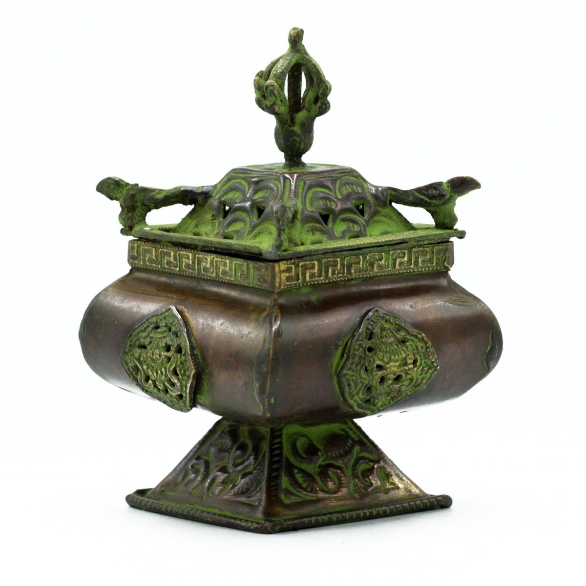 Brass Verdigris Tibetan Burner - Four Symbols Square Standing PotAntique Tibetan Incense HoldersHeart Notes