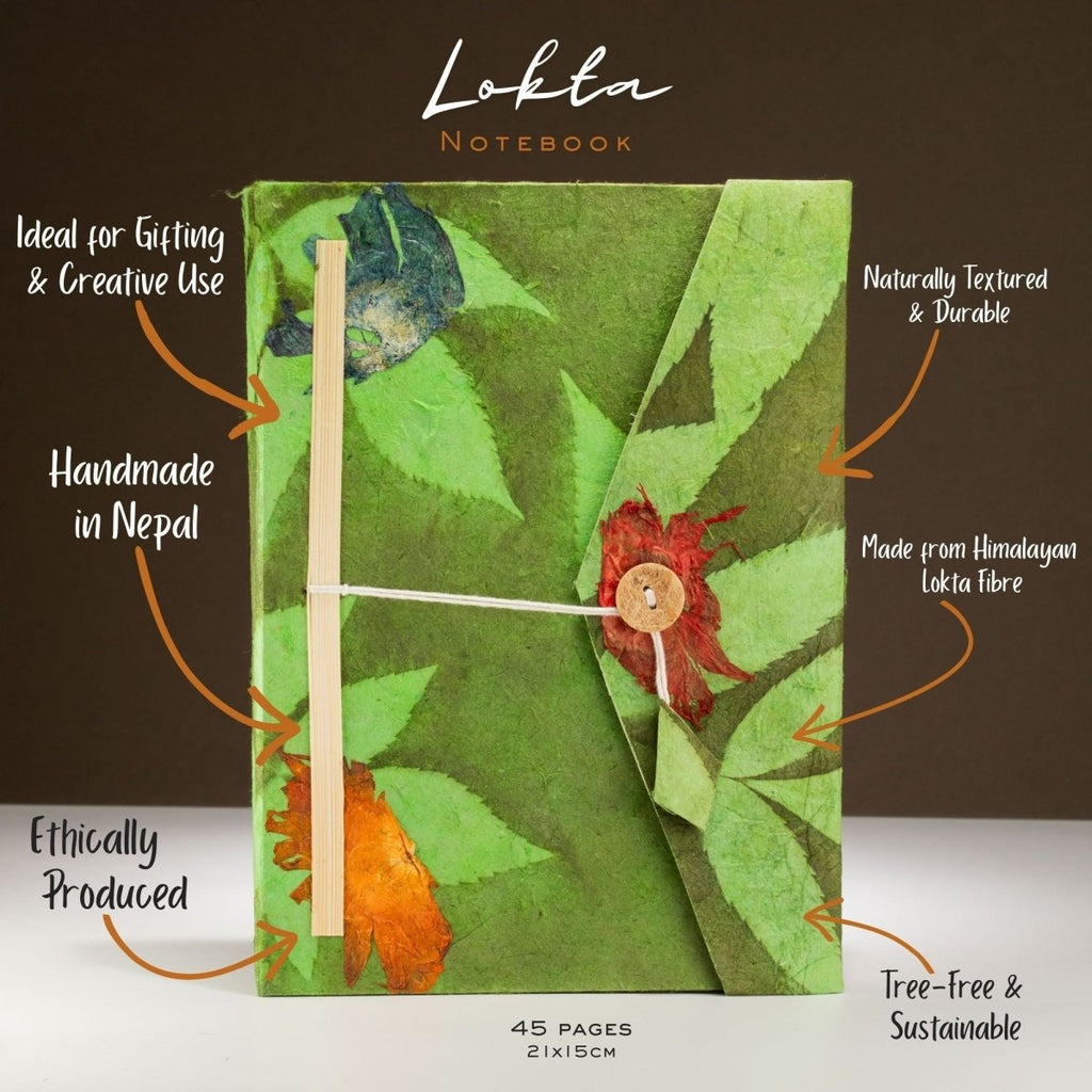 Lokta Bold Floral Notebook – Large (21x15cm) – 45 Leaves – Includes Bookmark – Moss GreenLokta Paper NotebooksHeart Notes