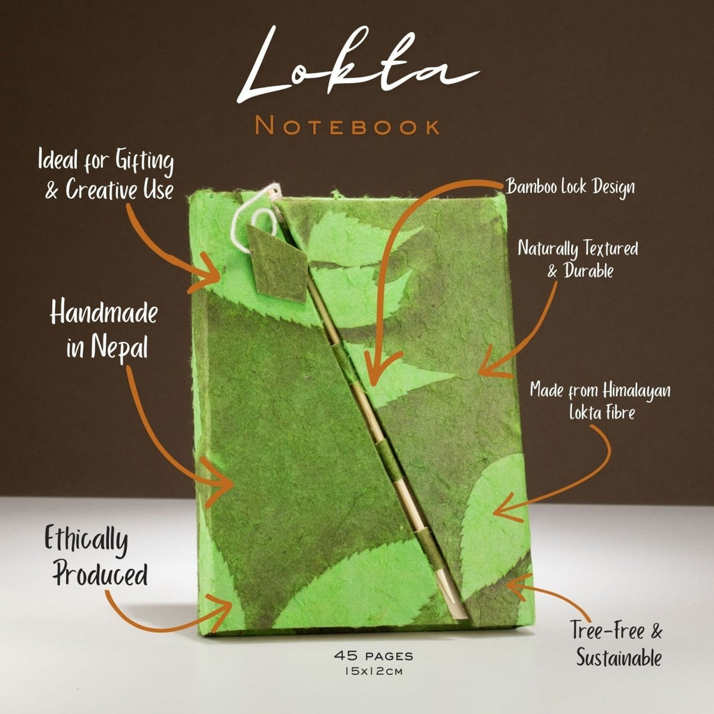 Lokta Bold Floral Bamboo Lock Notebook – Medium (15x12cm) – 45 Leaves – Moss GreenLokta Paper NotebooksHeart Notes