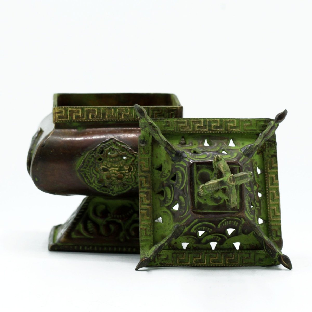Brass Verdigris Tibetan Burner - Four Symbols Square Standing PotAntique Tibetan Incense HoldersHeart Notes