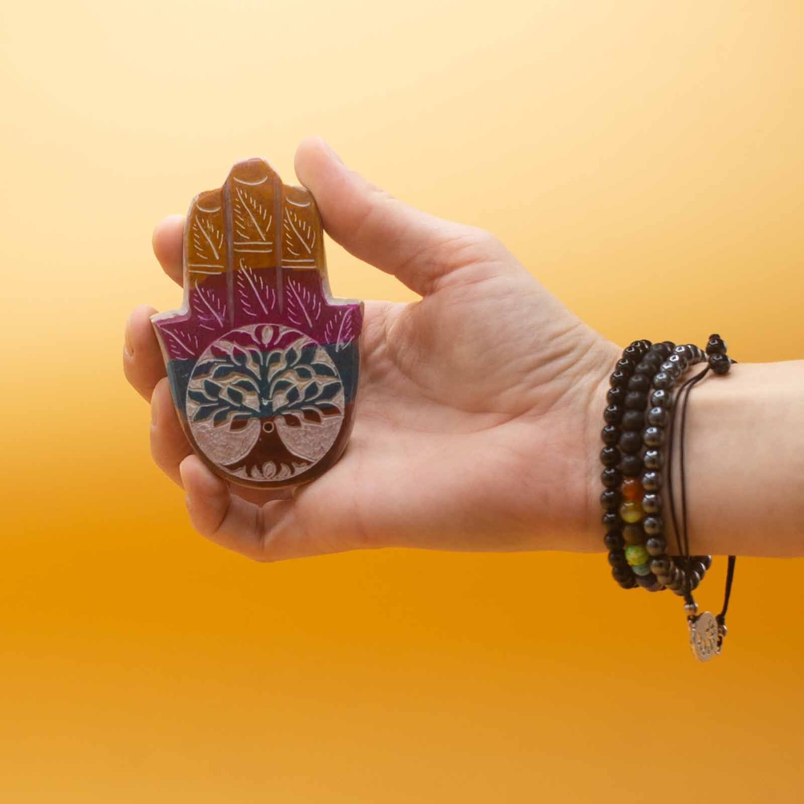 Soapstone Hamsa Incense Holder 9x6cm - Tree of LifeSoapstone Incense HoldersHeart Notes