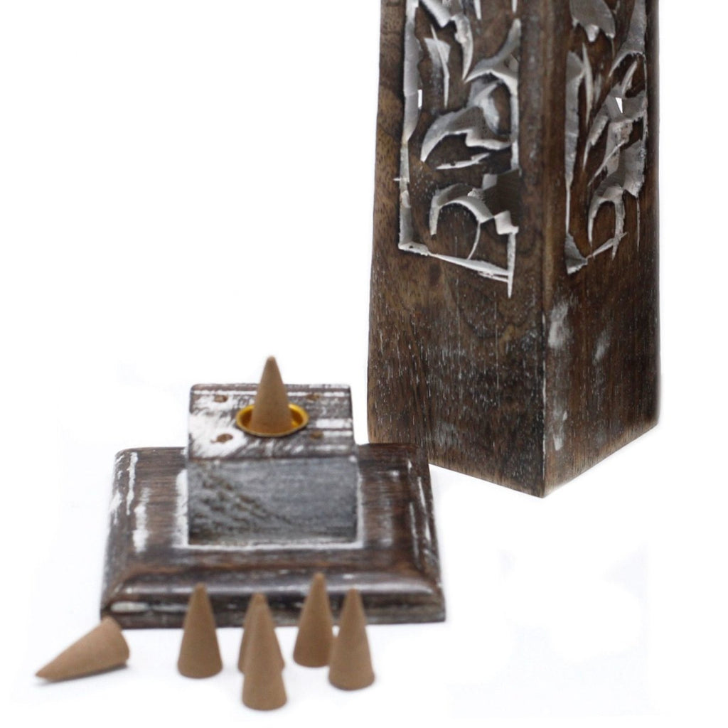 Tapered Incense Tower Washed Des2 - Mango WoodIncense HoldersHeart Notes