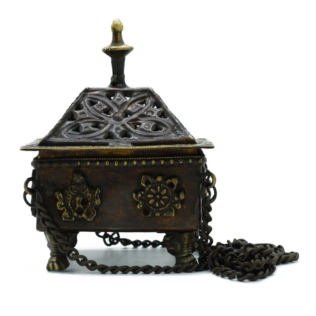 Brass Tibetan Burner - Eight Symbols Square Hanging PotAntique Tibetan Incense HoldersHeart Notes