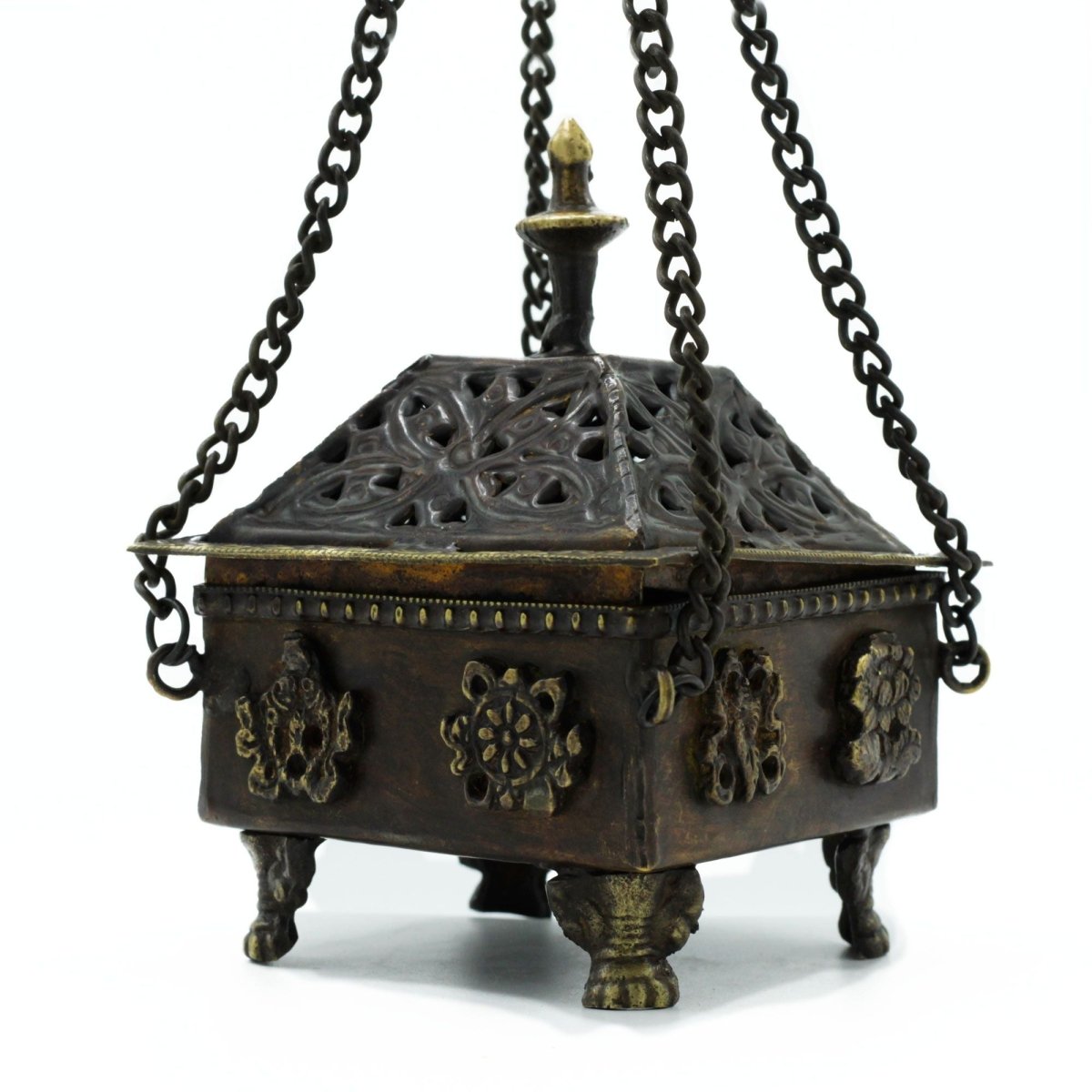 Brass Tibetan Burner - Eight Symbols Square Hanging PotAntique Tibetan Incense HoldersHeart Notes