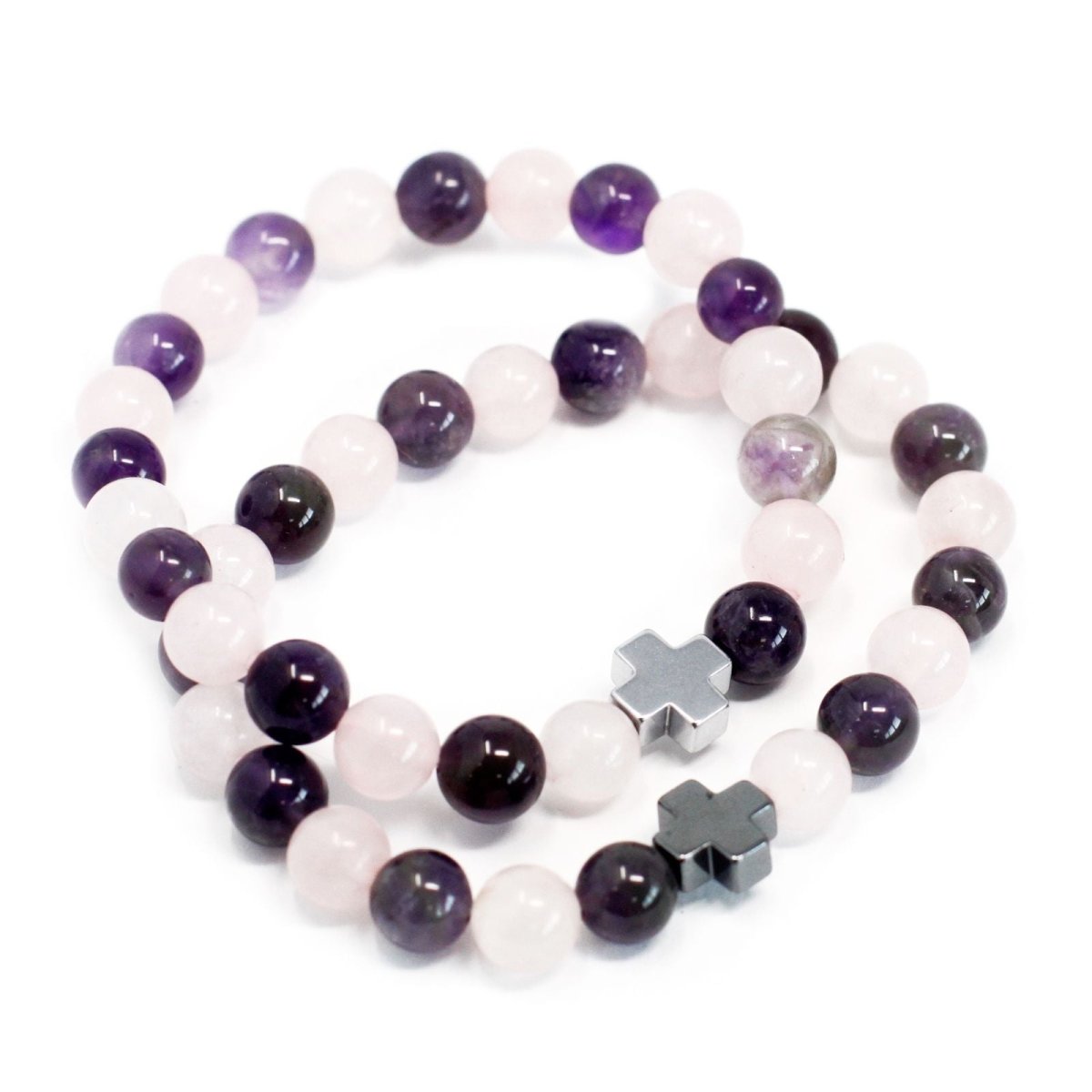 Set of 2 Gemstones Friendship Bracelets - Love - Amethyst & Rose QuartzGemstones Friendship BraceletsHeart Notes