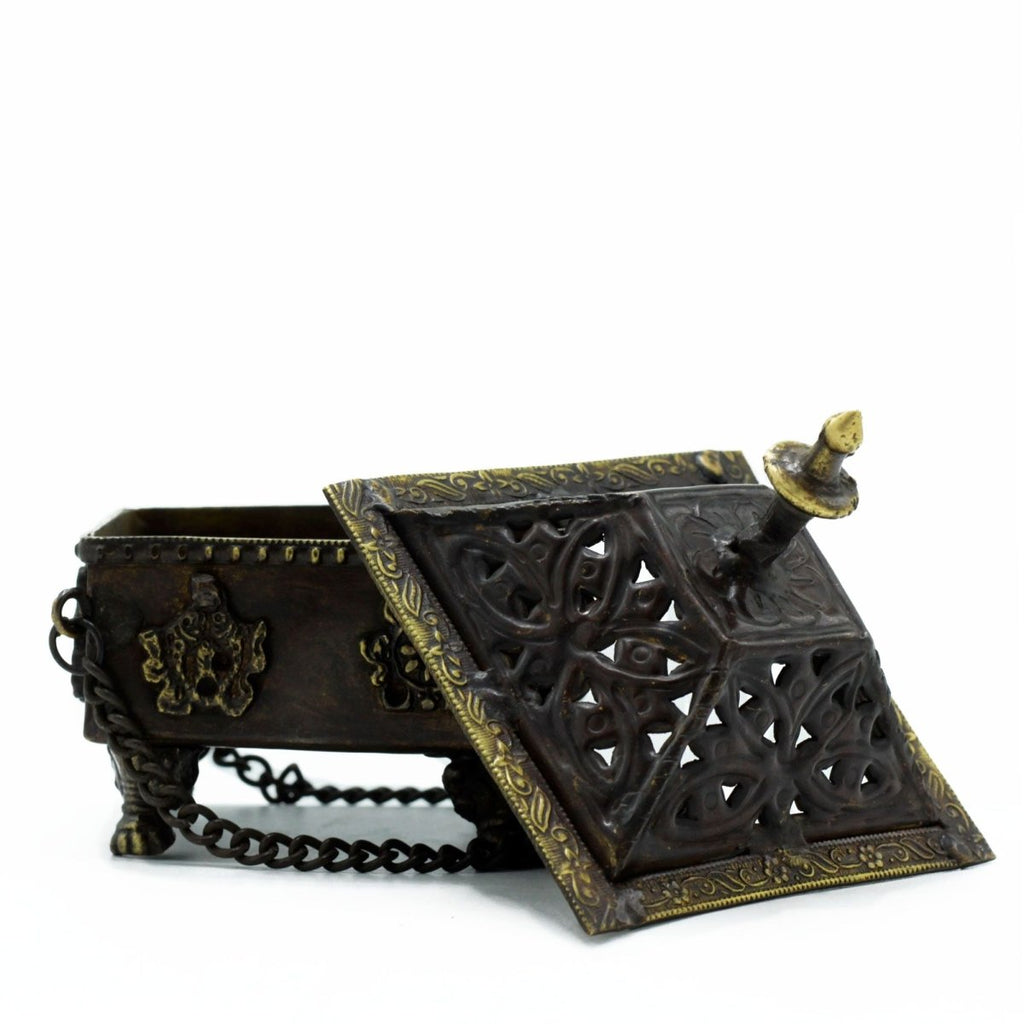 Brass Tibetan Burner - Eight Symbols Square Hanging PotAntique Tibetan Incense HoldersHeart Notes