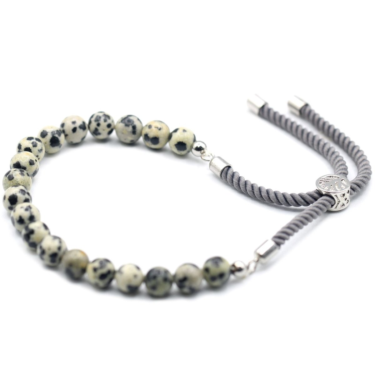 925 Silver Plated Gemstone Charcoal String Bracelet - Dalmatian JasperGemstones String BraceletsHeart Notes