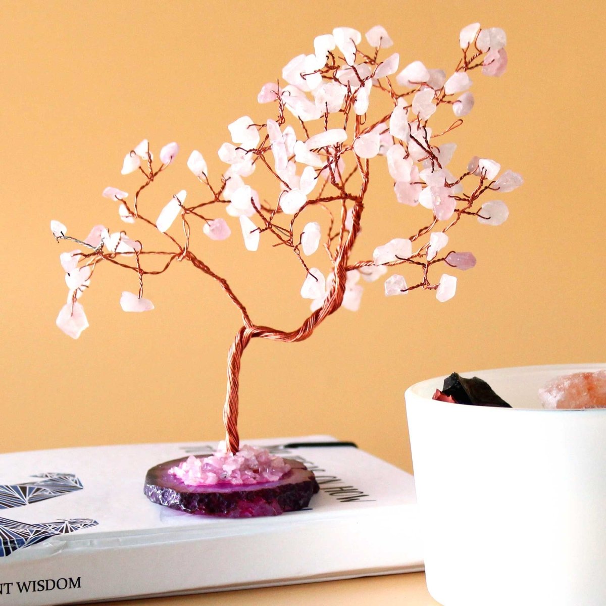 Lrg Gemstone Tree - Rose Quartz on Pink Agate Base (100 stones)Gemstone Wishing TreesHeart Notes