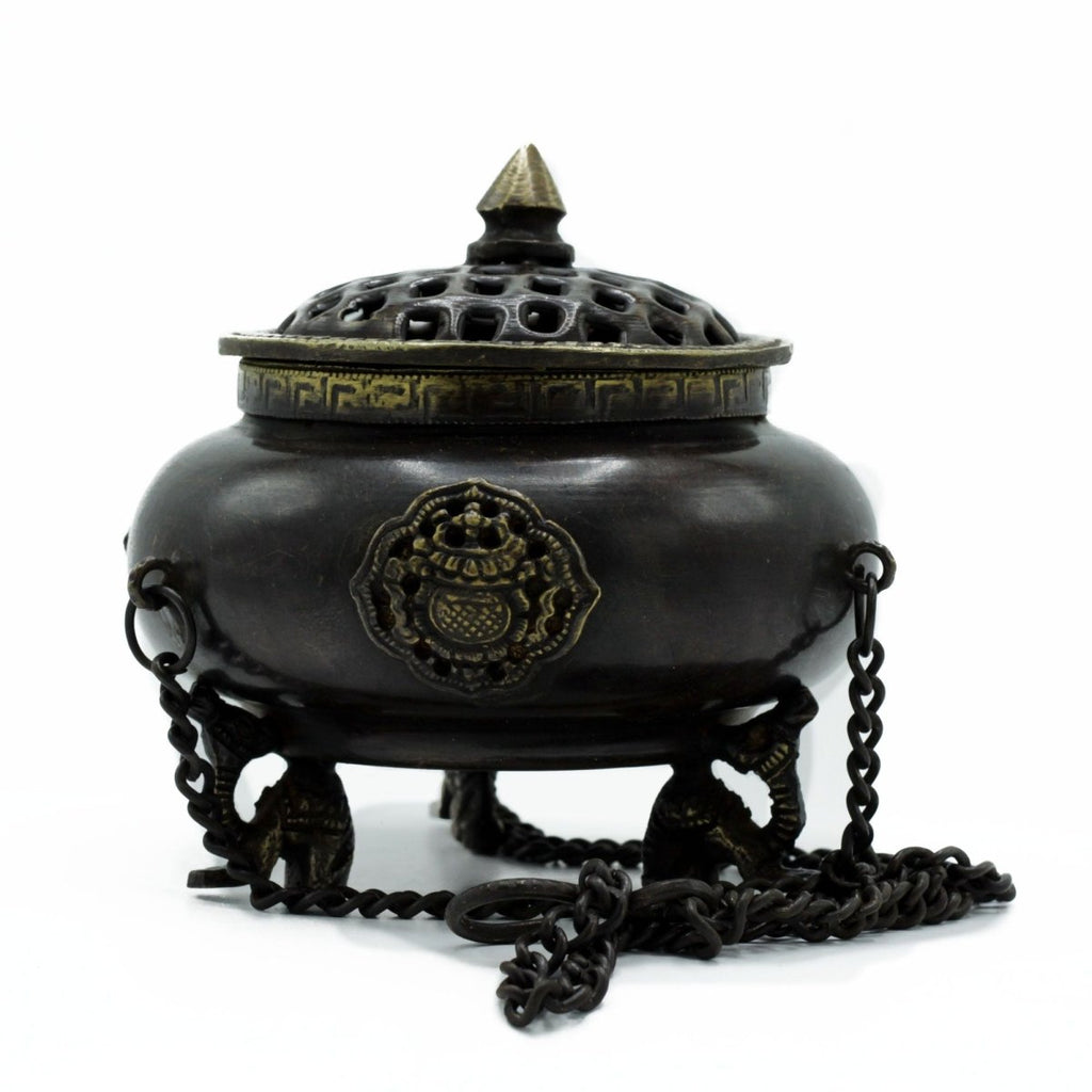 Lrg Brass Tibetan Burner - Four Symbol Hanging PotAntique Tibetan Incense HoldersHeart Notes