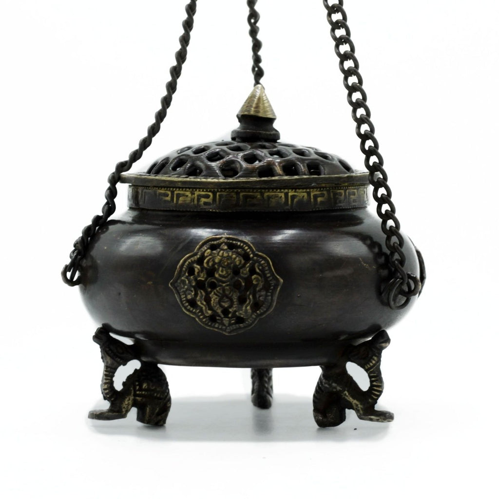 Lrg Brass Tibetan Burner - Four Symbol Hanging PotAntique Tibetan Incense HoldersHeart Notes