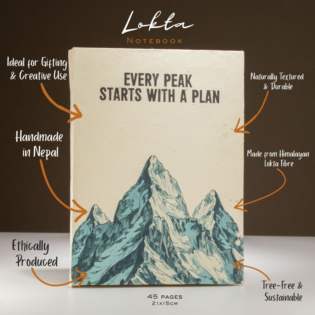 Lokta Inspiration Notebook – Every Peak – Large (21x15cm) – 45 Leaves – Includes BookmarkLokta Paper NotebooksHeart Notes