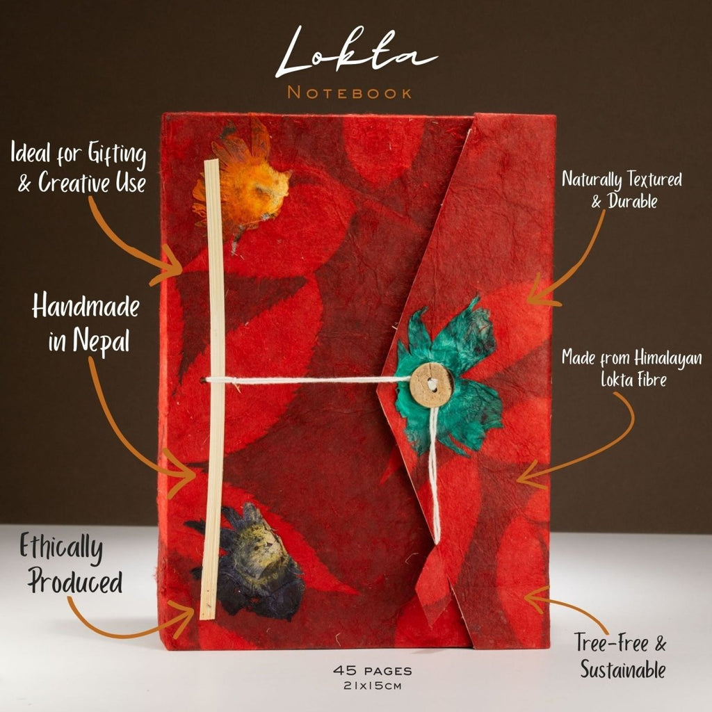 Lokta Bold Floral Notebook – Large (21x15cm) – 45 Leaves – Includes Bookmark – RubyLokta Paper NotebooksHeart Notes