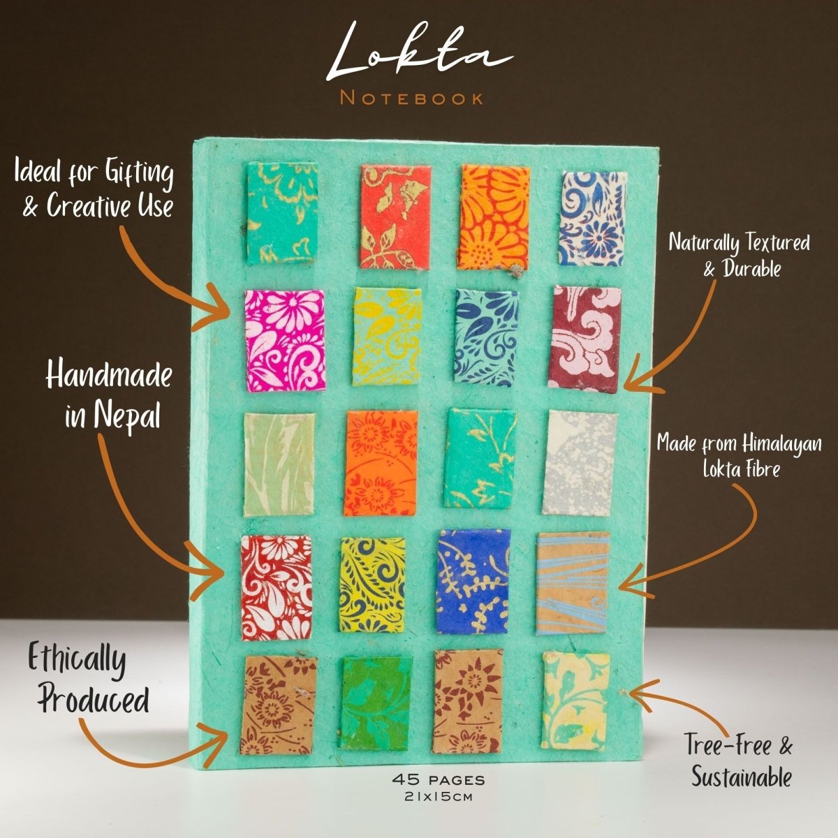 Lokta Mini Tiles Notebook – Large (21x15cm) – 45 Leaves – Includes Bookmark – TealLokta Paper NotebooksHeart Notes