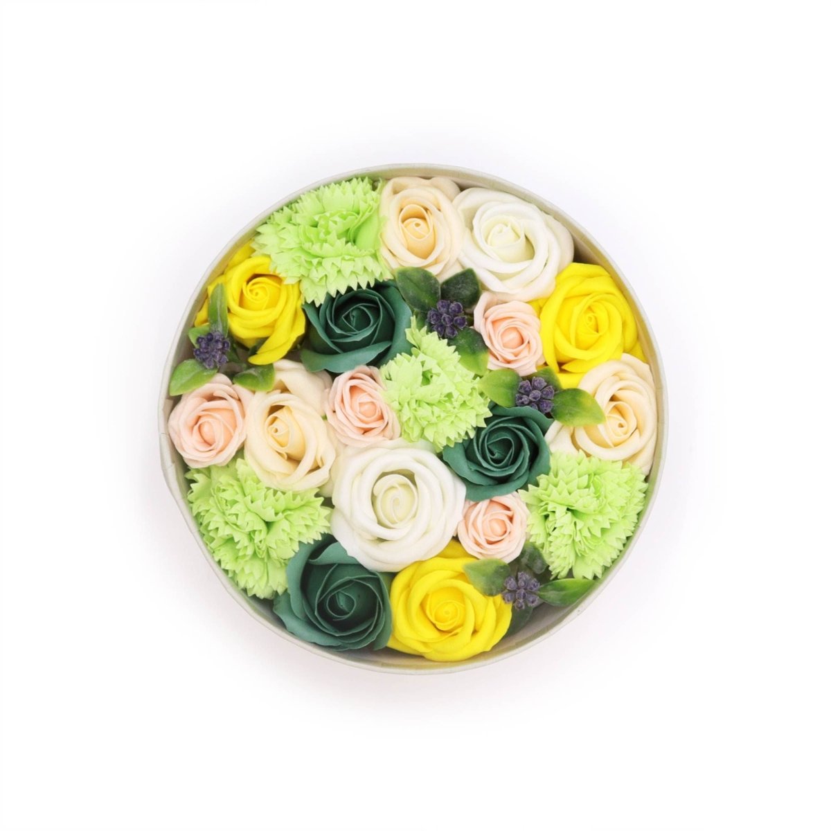 Round Box - Spring Celebrations - Yellow & GreensSoap Flower Gift BoxesHeart Notes