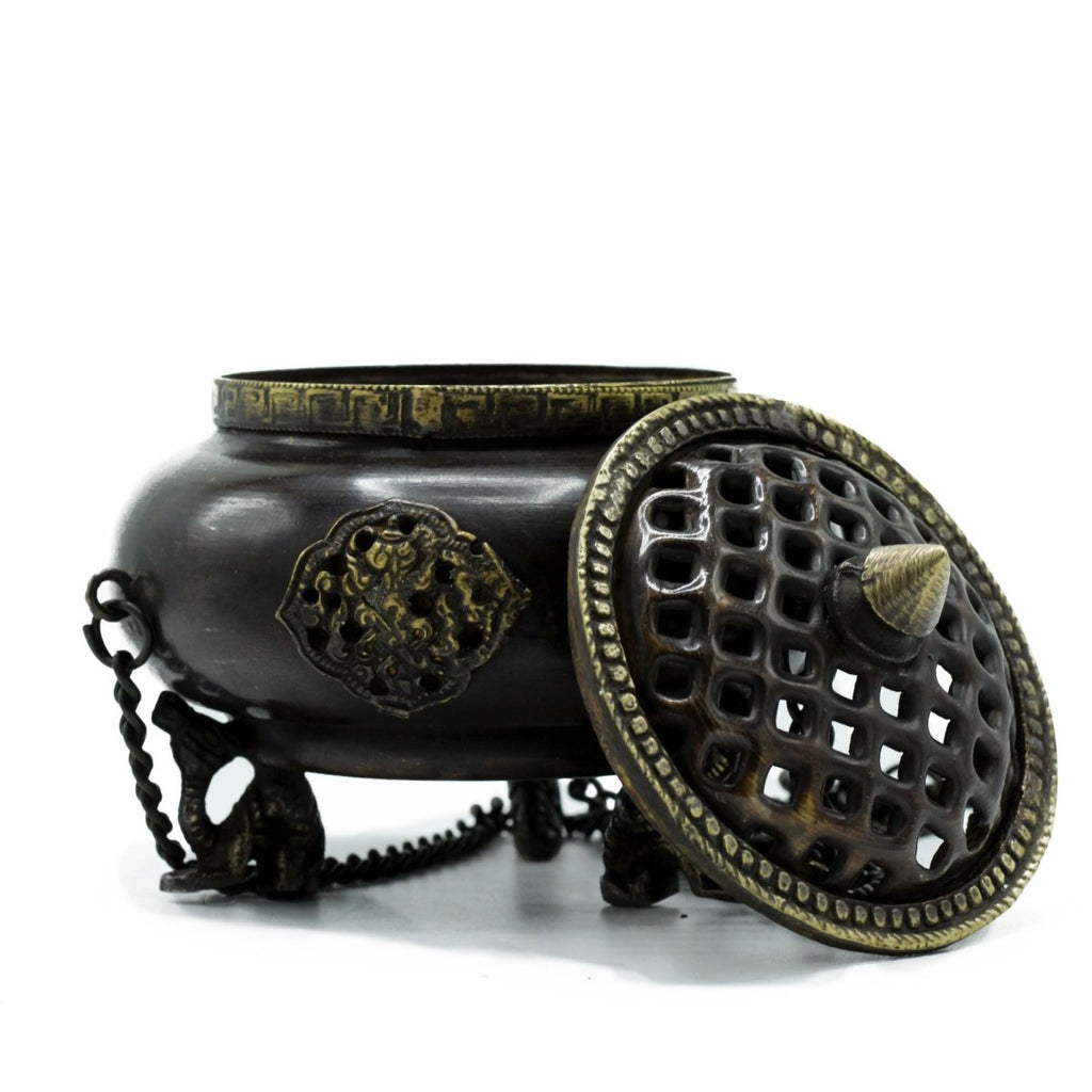 Lrg Brass Tibetan Burner - Four Symbol Hanging PotAntique Tibetan Incense HoldersHeart Notes