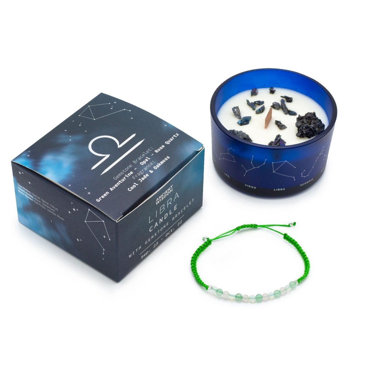 Zodiac Crystal Candle with Gemstone Bracelet - LibraZodiac Crystal Candles with Gemstone BraceletHeart Notes