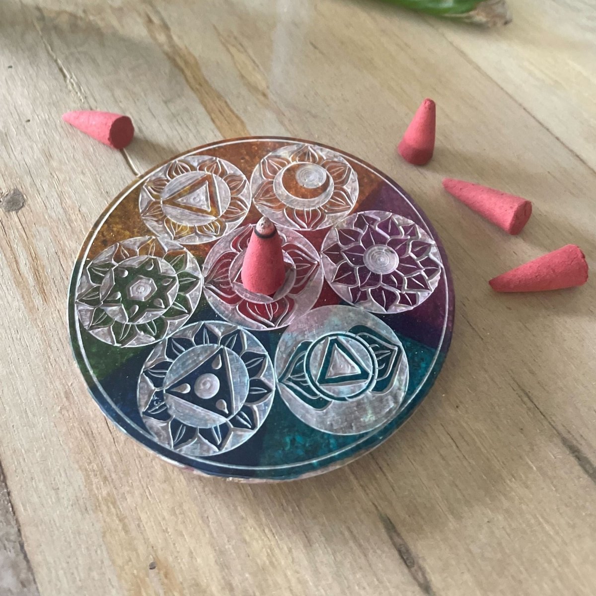 Soapstone Disc Incense Cone Holder 10cm - Seven ChakraSoapstone Incense HoldersHeart Notes