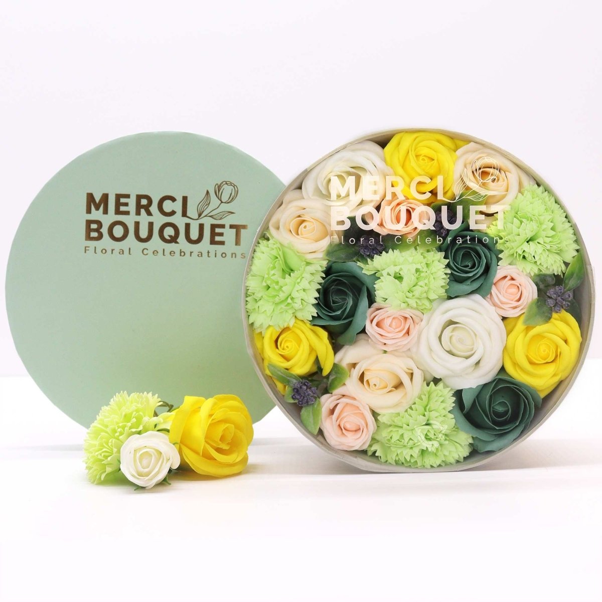 Round Box - Spring Celebrations - Yellow & GreensSoap Flower Gift BoxesHeart Notes