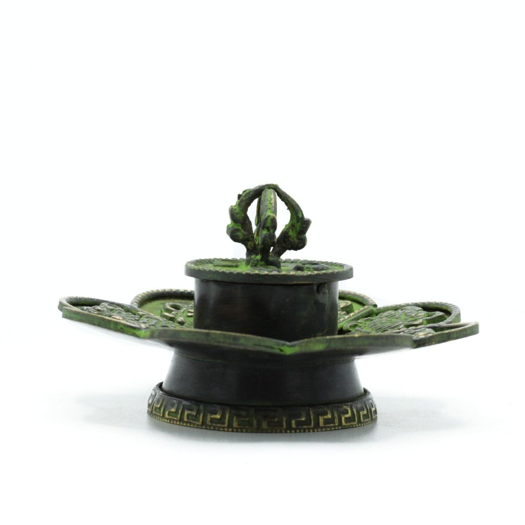 Brass Verdigris Tibetan Cone & Incense Holder - Eight SymbolsAntique Tibetan Incense HoldersHeart Notes