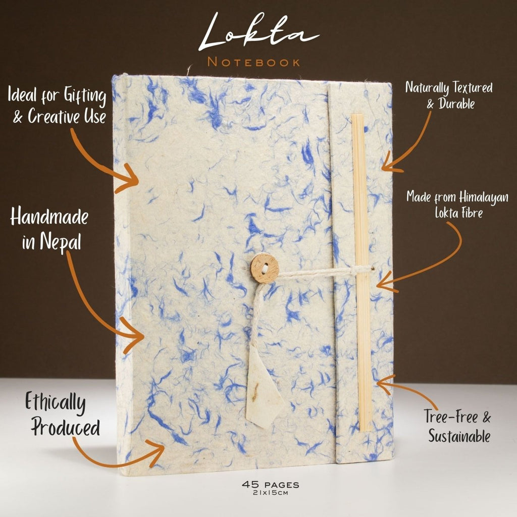 Lokta Mixed Blue Cotton Notebook – Large (21x15cm) – 45 Leaves – Includes BookmarkLokta Paper NotebooksHeart Notes
