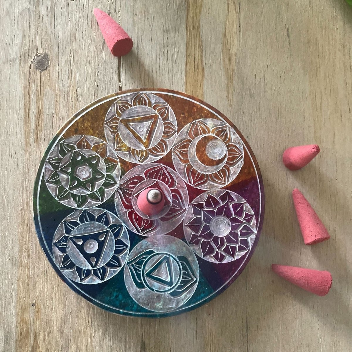 Soapstone Disc Incense Cone Holder 10cm - Seven ChakraSoapstone Incense HoldersHeart Notes