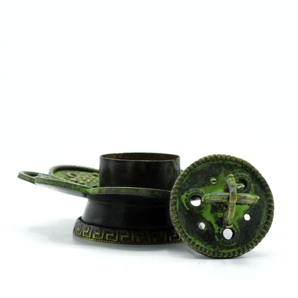Brass Verdigris Tibetan Cone & Incense Holder - Eight SymbolsAntique Tibetan Incense HoldersHeart Notes